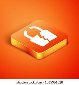 Isometric Broken or cracked lock icon isolated on orange background. Unlock sign.  Vector Illustration