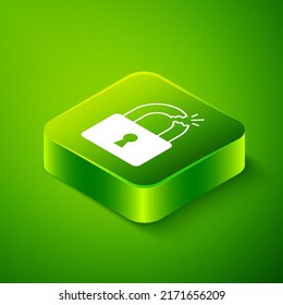 Isometric Broken or cracked lock icon isolated on green background. Unlock sign. Green square button. Vector
