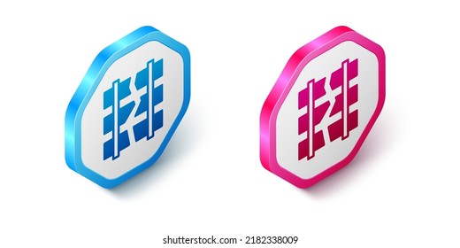 Isometrische Riegel auf einem Eisenbahnsymbol einzeln auf weißem Hintergrund gebrochen oder geknackt. Hexagon-Taste. Vektorgrafik