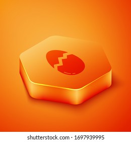 Isometric Broken egg icon isolated on orange background. Happy Easter. Orange hexagon button. Vector Illustration