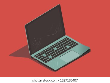 Isometric broken laptop on red background