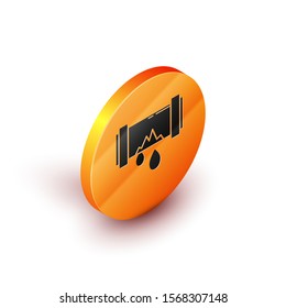 Isometric Broken metal pipe with leaking water icon isolated on white background. Orange circle button. Vector Illustration