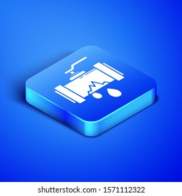 Isometric Broken metal pipe with leaking water icon isolated on blue background. Blue square button. Vector Illustration