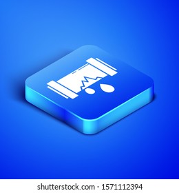Isometric Broken metal pipe with leaking water icon isolated on blue background. Blue square button. Vector Illustration