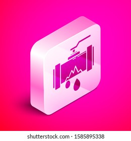 Isometric Broken metal pipe with leaking water icon isolated on pink background. Silver square button. Vector Illustration