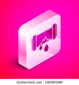 Isometric Broken metal pipe with leaking water icon isolated on pink background. Silver square button. Vector Illustration