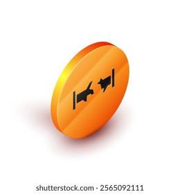 Isometric Broken metal pipe with leaking water icon isolated on white background. Orange circle button. Vector