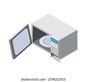 Isometric broken microwave oven on white background 3d vector illustration