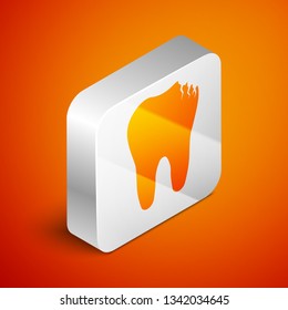 Isometric Broken tooth icon isolated on orange background. Dental problem icon. Dental care symbol. Silver square button. Vector Illustration
