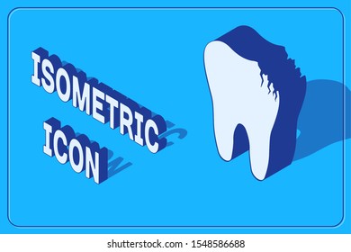 Isometric Broken tooth icon isolated on blue background. Dental problem icon. Dental care symbol.  Vector Illustration