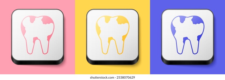 Icono de diente roto isométrico aislado sobre fondo rosa, amarillo y azul. Icono de problema dental. Símbolo de cuidado dental. Botón cuadrado. Vector