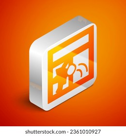 Isometric Broken window icon isolated on orange background. Damaged window. Beaten windowpane concept. Vandalism. Silver square button. Vector