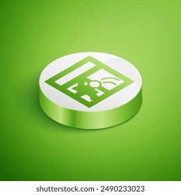 Isometric Broken window icon isolated on green background. Damaged window. Beaten windowpane concept. Vandalism. White circle button. Vector