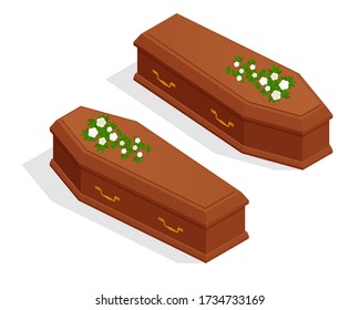 Isometric broun closed classical expensive coffin isolated on white. Coffin Halloween Vampire