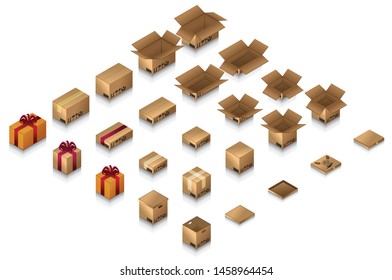 Isometric brown boxes carton parcel set isolated on white background. Cardboard open box and closed. Pizza box. Gift box with Brown and red tape. Illustration vector.