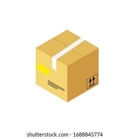 Caja de cartón marrón isométrica con rótulos de envío de la etiqueta de la cinta adhesiva blanca. Entrega sin contacto a domicilio a través del servicio de pedidos online de comestibles