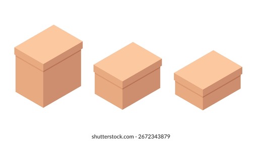 Caixas de papelão marrom isométrico conjunto. Três recipientes retangulares em tamanhos diferentes. Embalagem de transporte e armazenamento para negócios e logística. Ilustração vetorial isolada sobre fundo branco.