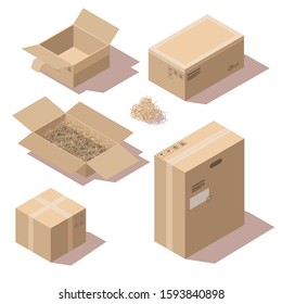 Isometric brown cardboard delivery package boxes open and closed. Vector set of storage boxes empty and with shredded paper filler. Goods packaging for shipping, cargo transportation