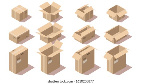 Isometric brown cardboard delivery package boxes open and closed. Vector set of empty different size storage boxes isolated on white background. Goods packaging for shipping, cargo transportation