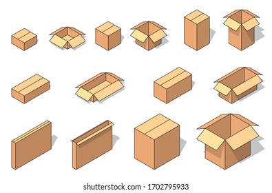 Cartón marrón isométrico abierto y juego de caja cerrada. Ilustración vectorial para el servicio móvil o el diseño de almacén