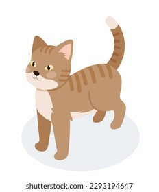 Isometric brown cat. Adorable striped kitten standing. Domestic animal and pet. Feline and fur, meow. Cute and lazy character. Template, layout and mock up. Cartoon vector illustration