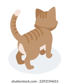 Isometric brown cat. Adorable striped kitten standing. Playful character with tail, mustache and paws. Creativity and art. Domestic animal and pet. Cartoon vector illustration