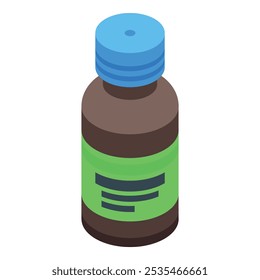 Isometric brown medicine bottle with blue cap and green label for medical treatment