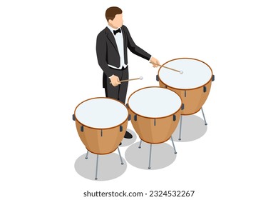 Isometric brown timpani isolated on white background. Timpani percussion musical instrument