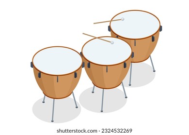 Isometric brown timpani isolated on white background. Timpani percussion musical instrument