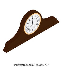Isometric brown wooden old clock with roman numerals vector illustration. Vintage desk clock. Table clock