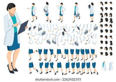 Isometric brown-haired woman character constructor. Front and back view. Various options for hairstyle, clothes, accessories and gadgets, legs, and arms moves.Businesswoman character design