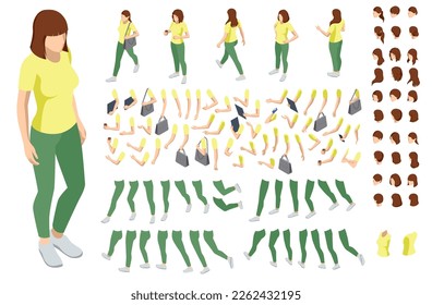 Isometric brown-haired woman character constructor. Front and back view. Various options for hairstyle, clothes, accessories and gadgets, legs, and arms moves.Businesswoman character design