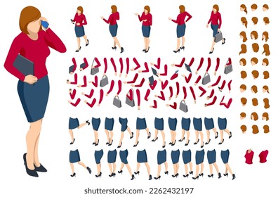 Isometric brown-haired woman character constructor. Front and back view. Various options for hairstyle, clothes, accessories and gadgets, legs, and arms moves.Businesswoman character design