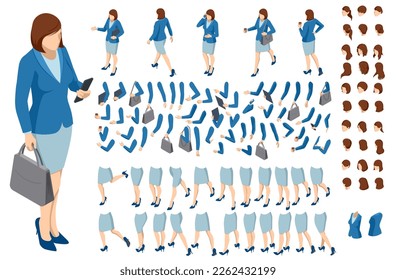 Isometric brown-haired woman character constructor. Front and back view. Various options for hairstyle, clothes, accessories and gadgets, legs, and arms moves.Businesswoman character design