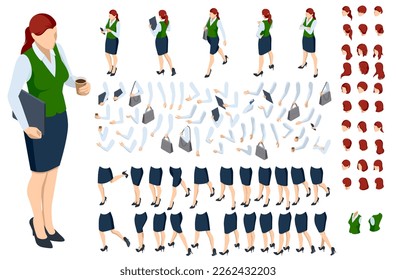 Isometric brown-haired woman character constructor. Front and back view. Various options for hairstyle, clothes, accessories and gadgets, legs, and arms moves.Businesswoman character design