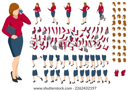 Isometric brown-haired woman character constructor. Front and back view. Various options for hairstyle, clothes, accessories and gadgets, legs, and arms moves.Businesswoman character design