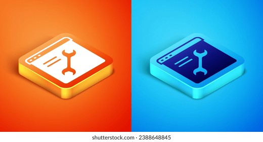 Isometric Browser setting icon isolated on orange and blue background. Adjusting, service, maintenance, repair, fixing.  Vector