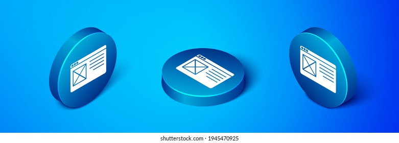 Isometric Browser window icon isolated on blue background. Blue circle button. Vector