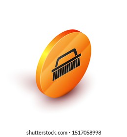 Isometric Brush for cleaning icon isolated on white background. Orange circle button. Vector Illustration