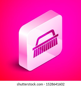 Isometric Brush for cleaning icon isolated on pink background. Silver square button. Vector Illustration