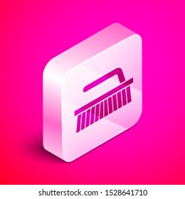 Isometric Brush for cleaning icon isolated on pink background. Silver square button. Vector Illustration