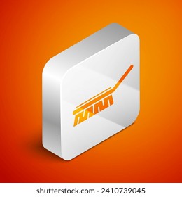 Isometric Brush for cleaning icon isolated on orange background. Cleaning service concept. Silver square button. Vector Illustration