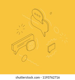 Burbujas isométricas y mensajes Ilustración en fondo amarillo