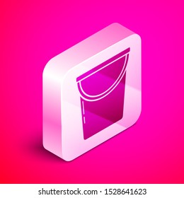 Isometric Bucket icon isolated on pink background. Silver square button. Vector Illustration