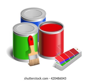 Isometric bucket of paint, color sample, brush, roller icon for website