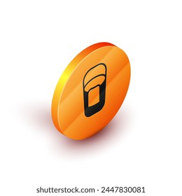 Isometric Bucket with rag icon isolated on white background. Cleaning service concept. Orange circle button. Vector