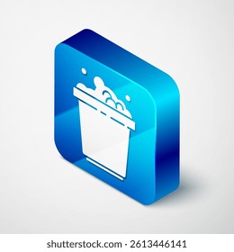 Isometric Bucket with soap suds icon isolated on grey background. Bowl with water. Washing clothes, cleaning equipment. Blue square button. Vector Illustration