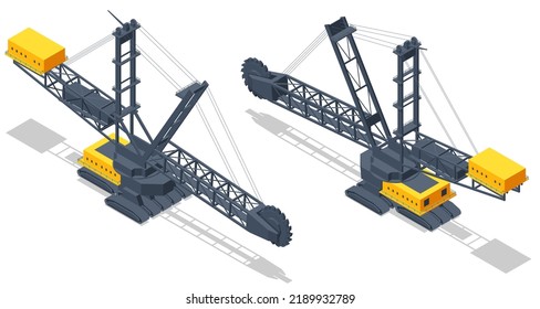 Isometric Bucket-wheel excavator. BWE, continuous digging machine in large-scale open-pit mining operations, removing thousands of tons of overburden. Bucket-wheel excavator mining lignite