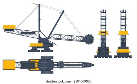 Isometric Bucket-wheel excavator. BWE, Bucket-wheel excavator mining lignite. View front, rear, side and top. Mining quarry, mine. Equipment for high-mining industry