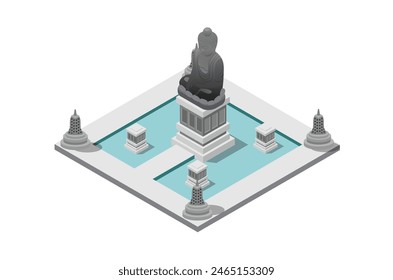 Isometric Buddha statue with beautiful garden surround isolated. The Buddha, officially title buddharoopa